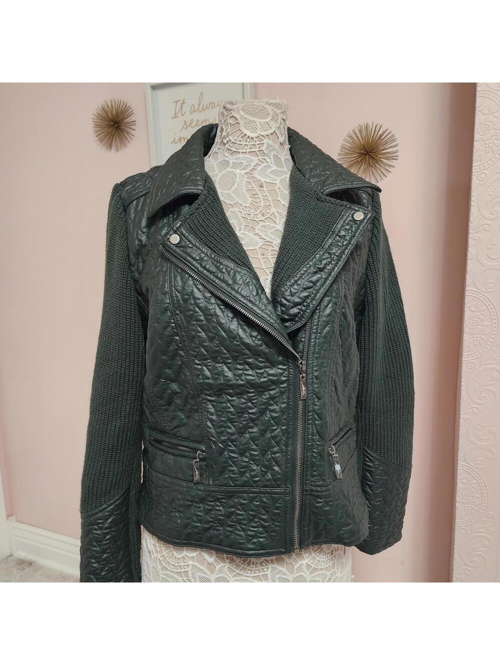Montanaco Women’s L Green Mixed Media Moto Jacket Knit Sweater Sleeves